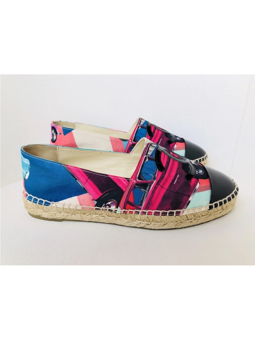 CHANEL MULTICOLOR CANVAS PINK BLACK PATENT LEATHER CAPTOE ESPADRILLE FLATS SZ 37 - Picture 2 of 12